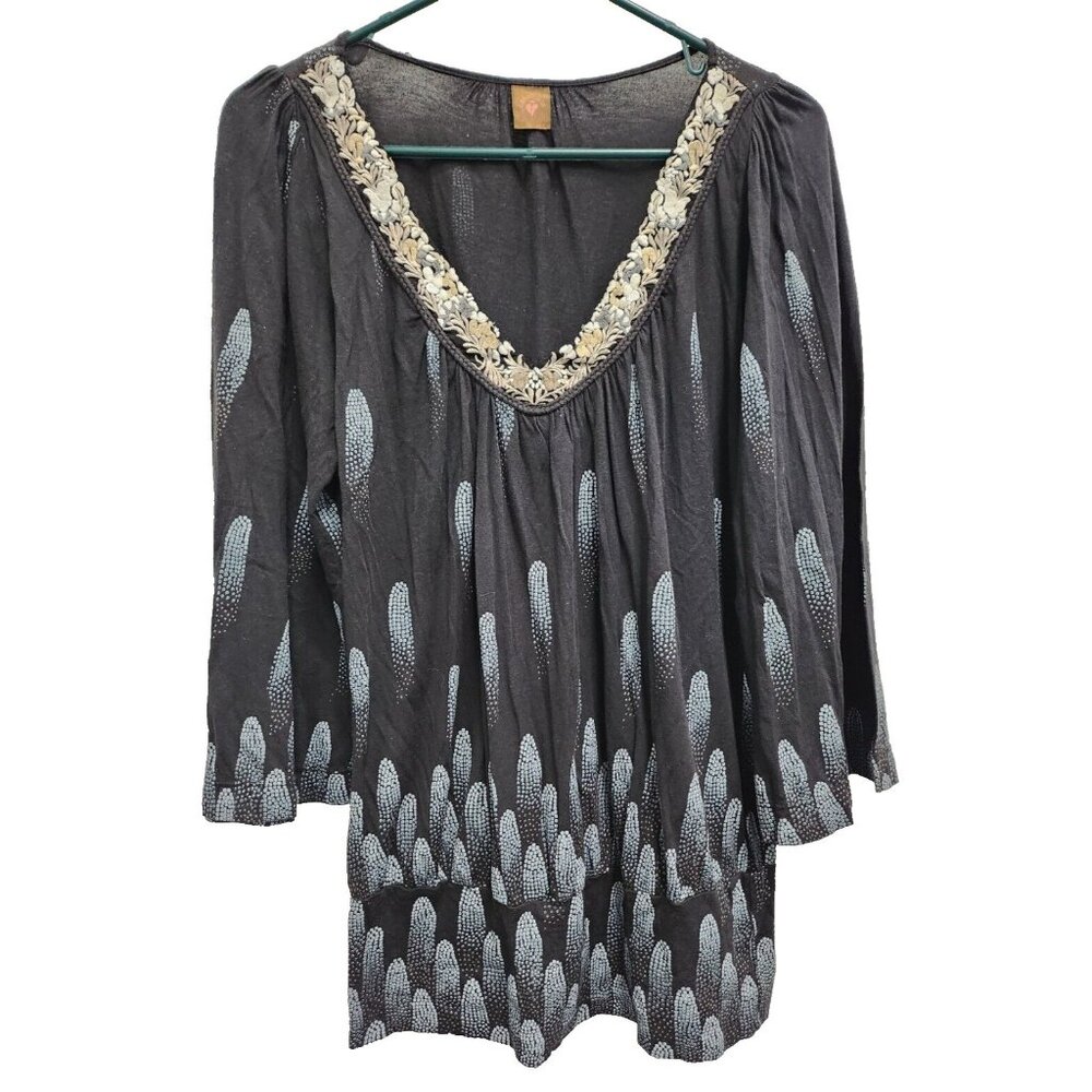 VTG‎ Language Womens BOHO Whimsygoth Top Large Printed Embroidered Flare Sleeve